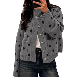 image:imageCicy Bell Womens Polka Dot Cardigan Long Sleeve Mock Neck Fall Knit SweaterDark Grey