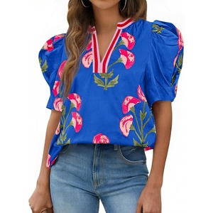 image:imageCicy Bell Womens Puff Sleeve Floral Top Casual Dressy Boutique Print BlouseBlue