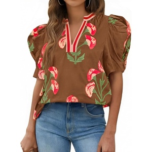 image:imageCicy Bell Womens Puff Sleeve Floral Top Casual Dressy Boutique Print BlouseBrown