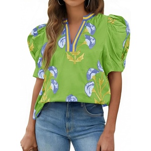 image:imageCicy Bell Womens Puff Sleeve Floral Top Casual Dressy Boutique Print BlouseGreen