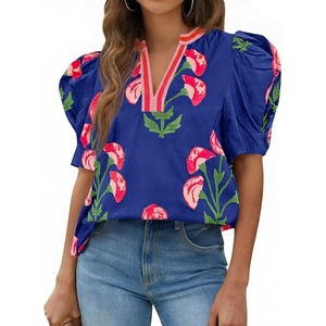 image:imageCicy Bell Womens Puff Sleeve Floral Top Casual Dressy Boutique Print BlouseNavy