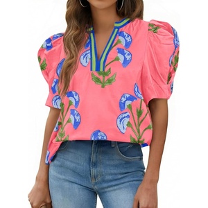 image:imageCicy Bell Womens Puff Sleeve Floral Top Casual Dressy Boutique Print BlousePink