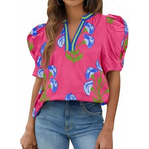 image:imageCicy Bell Womens Puff Sleeve Floral Top Casual Dressy Boutique Print BlouseRose Red