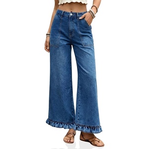 image:imageCicy Bell Womens Ruffle Jeans Cropped High Waisted Baggy Trendy Denim PantsBlue