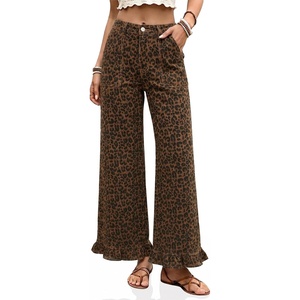 image:imageCicy Bell Womens Ruffle Jeans Cropped High Waisted Baggy Trendy Denim PantsLeopard Brown