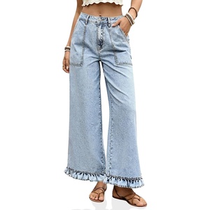 image:imageCicy Bell Womens Ruffle Jeans Cropped High Waisted Baggy Trendy Denim PantsLight Blue