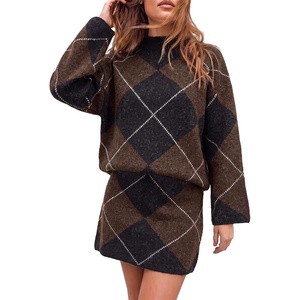 image:imageCicy Bell Women Argyle Sweater Skirt Sets 2 Piece Outfits Plaid Knit SkirtsBrown