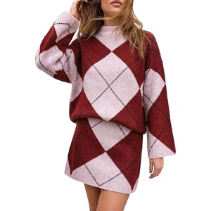 image:imageCicy Bell Women Argyle Sweater Skirt Sets 2 Piece Outfits Plaid Knit SkirtsBurgundy