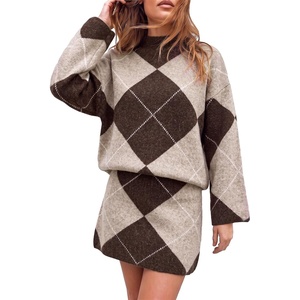 image:imageCicy Bell Women Argyle Sweater Skirt Sets 2 Piece Outfits Plaid Knit SkirtsCamel
