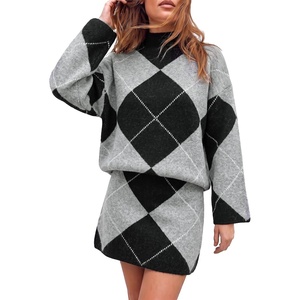 image:imageCicy Bell Women Argyle Sweater Skirt Sets 2 Piece Outfits Plaid Knit SkirtsGrey