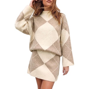 image:imageCicy Bell Women Argyle Sweater Skirt Sets 2 Piece Outfits Plaid Knit SkirtsKhaki