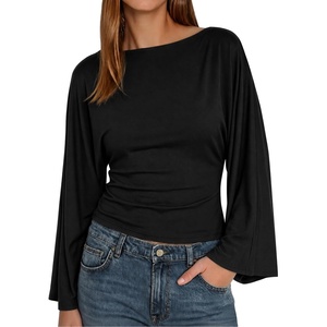 image:imageCicy Bell Women Bell Long Sleeve Wrap Tops Tie Back Boat Neck T ShirtBlack