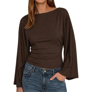 image:imageCicy Bell Women Bell Long Sleeve Wrap Tops Tie Back Boat Neck T ShirtCoffee