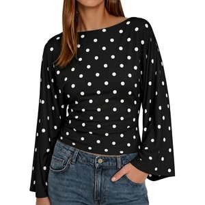 image:imageCicy Bell Women Bell Long Sleeve Wrap Tops Tie Back Boat Neck T ShirtPolka Dotsblack