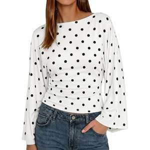 image:imageCicy Bell Women Bell Long Sleeve Wrap Tops Tie Back Boat Neck T ShirtPolka Dotswhite
