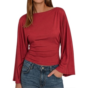 image:imageCicy Bell Women Bell Long Sleeve Wrap Tops Tie Back Boat Neck T ShirtRed