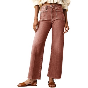 image:imageCicy Bell Womens High Waisted Cropped Jeans Straight Leg Raw Hem Denim PantBrown