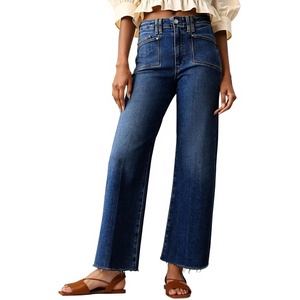 image:imageCicy Bell Womens High Waisted Cropped Jeans Straight Leg Raw Hem Denim PantNavy