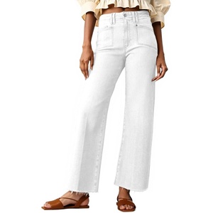 image:imageCicy Bell Womens High Waisted Cropped Jeans Straight Leg Raw Hem Denim PantWhite