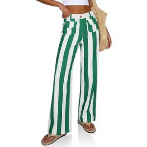 image:imageCicy Bell Womens Striped Wide Leg Jeans High Waist Denim PantsGreen