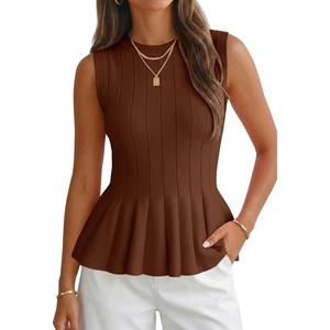 image:imageCicy Bell Womens Pleated Peplum Tank Tops Fitted Blouses Fall SweatersBrown