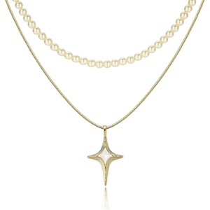 image:imageCicy Bell Womens Four Point Star Necklace Sets Double Layer Chain 18k Gold Plated Cubic Zirconia Mother of Pearl Lucky Pendant Necklace