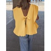 image:imageCicy Bell Womens Summer Cap Sleeve Blouses Casual Pleated Open Back Crew Neck Bubble Tank Tops Bow Tie Cotton Shirts Yellow