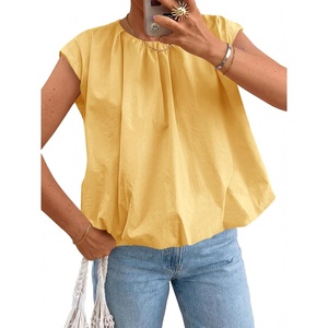 image:imageCicy Bell Womens Summer Cap Sleeve Blouses Casual Pleated Open Back Crew Neck Bubble Tank Tops Bow Tie Cotton Shirts Yellow