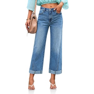 image:imageCicy Bell Womens Cropped Wide Leg Jeans Cuffed Barrel Denim Pants Blue