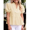 image:imageCicy Bell Women Puff Sleeve Peplum Blouse Ruffle Vneck Summer Babydoll TopsApricot