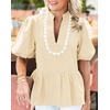 image:imageCicy Bell Women Puff Sleeve Peplum Blouse Ruffle Vneck Summer Babydoll TopsApricot