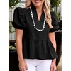 image:imageCicy Bell Women Puff Sleeve Peplum Blouse Ruffle Vneck Summer Babydoll TopsBlack