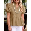 image:imageCicy Bell Women Puff Sleeve Peplum Blouse Ruffle Vneck Summer Babydoll TopsCamel