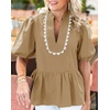 image:imageCicy Bell Women Puff Sleeve Peplum Blouse Ruffle Vneck Summer Babydoll TopsCamel