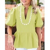 image:imageCicy Bell Women Puff Sleeve Peplum Blouse Ruffle Vneck Summer Babydoll TopsFluorescent Green
