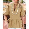 image:imageCicy Bell Women Puff Sleeve Peplum Blouse Ruffle Vneck Summer Babydoll TopsKhaki