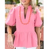 image:imageCicy Bell Women Puff Sleeve Peplum Blouse Ruffle Vneck Summer Babydoll TopsPink