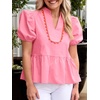image:imageCicy Bell Women Puff Sleeve Peplum Blouse Ruffle Vneck Summer Babydoll TopsPink