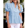 image:imageCicy Bell Women Puff Sleeve Peplum Blouse Ruffle Vneck Summer Babydoll TopsSky Blue