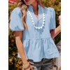 image:imageCicy Bell Women Puff Sleeve Peplum Blouse Ruffle Vneck Summer Babydoll TopsSky Blue