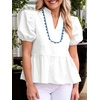 image:imageCicy Bell Women Puff Sleeve Peplum Blouse Ruffle Vneck Summer Babydoll TopsWhite