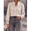 image:imageCicy Bell Womens Striped Button Down Shirts Ruffle Color Block BlousesBeige