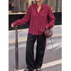 image:imageCicy Bell Womens Striped Button Down Shirts Ruffle Color Block BlousesWine Red