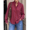 image:imageCicy Bell Womens Striped Button Down Shirts Ruffle Color Block BlousesWine Red
