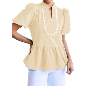 image:imageCicy Bell Women Puff Sleeve Peplum Blouse Ruffle Vneck Summer Babydoll TopsApricot