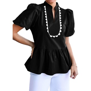 image:imageCicy Bell Women Puff Sleeve Peplum Blouse Ruffle Vneck Summer Babydoll TopsBlack