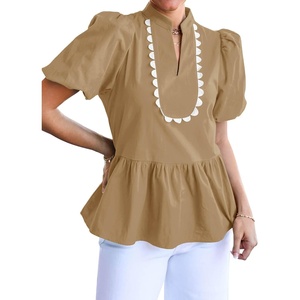 image:imageCicy Bell Women Puff Sleeve Peplum Blouse Ruffle Vneck Summer Babydoll TopsCamel