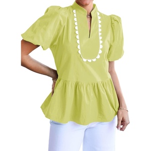 image:imageCicy Bell Women Puff Sleeve Peplum Blouse Ruffle Vneck Summer Babydoll TopsFluorescent Green