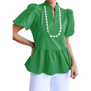 image:imageCicy Bell Women Puff Sleeve Peplum Blouse Ruffle Vneck Summer Babydoll TopsGreen