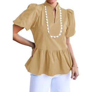 image:imageCicy Bell Women Puff Sleeve Peplum Blouse Ruffle Vneck Summer Babydoll TopsKhaki